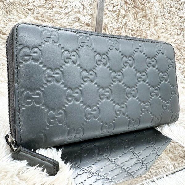 極美品●GUCCI グッチ シマ GG柄 レザー 本革 ラウンドファスナー 長財布 ウォレット 札入れ 小銭入れ レディース グレー 灰色 ビジネス