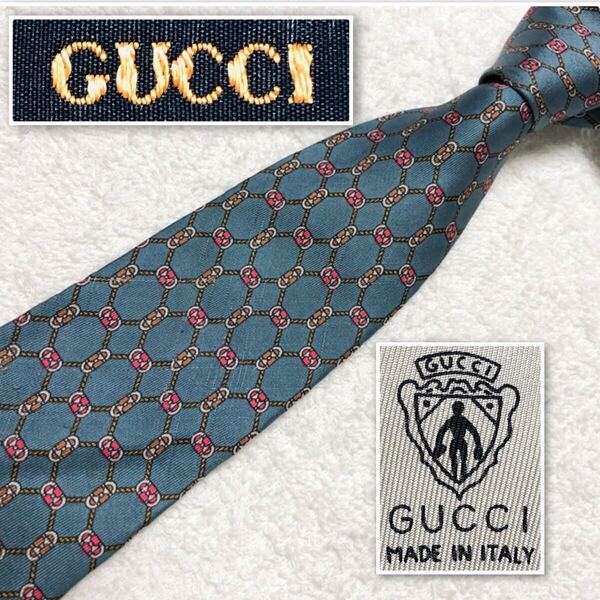 GUCCI グッチ ネクタイ 金具 ロープ 網目状 総柄 シルク100% イタリア製 青緑 ビジネス
