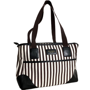 $ 美品 $ 希少■ ヘンリベンデル HENRI BENDEL ■ ストライプ キャンバス製・ トートバッグ ハンドバッグ ■ 白×チョコレート■ 送料無料