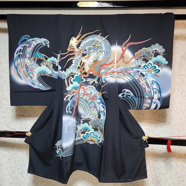 #10-112 (保管品) オ-ル正絹 男児 お宮参り きもの 手縫い 龍