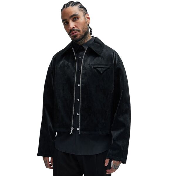 新品 FASHION NOVA メンズ エコレザー ジャケット 迷彩 フェイクレザー ブラック サテン カモフラ ブルゾン L 日本未入荷 ストリート