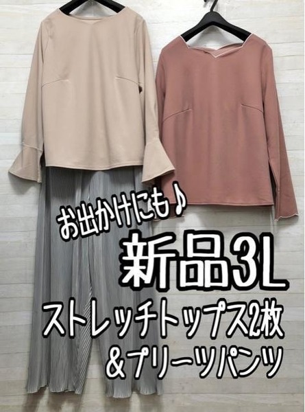新品☆3L♪お出かけにも使えるトップス2枚&プリーツパンツ〇A404
