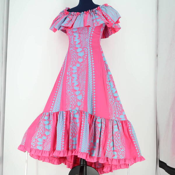 『送料無料』【美品 ハワイ製フラダンス用衣装】ピンク×水色 yens ワンピースドレス 鮮やか 花柄 ハワイアンプリント アロハ 華やかフリル