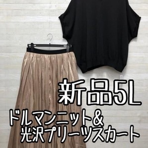 新品☆5L♪ゆったりドルマンニット&ロングプリーツスカート〇p412