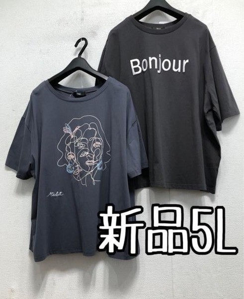 新品☆5Lグレー系Tシャツ2枚セット♪刺しゅうロゴ&プリントデザイン☆x119