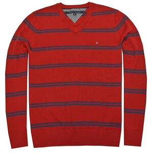 st-C887879510-946-XL トミーヒルフィガー TOMMY HILFIGER メンズ コットン ニット セーター ボーダー Vネック レッド