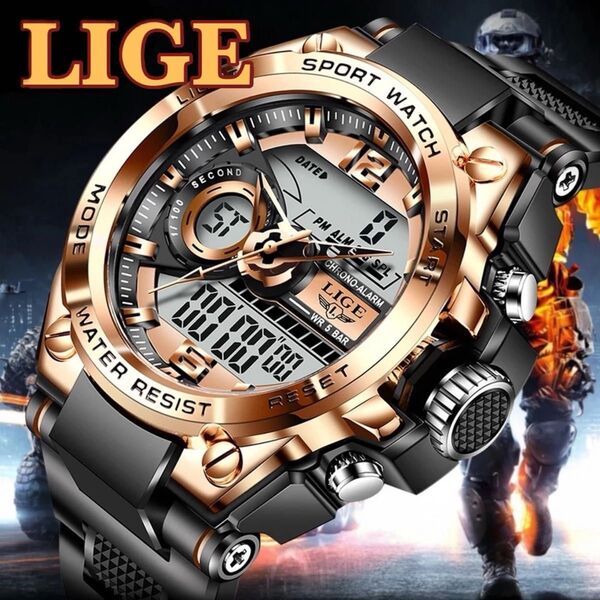新品 LIGE スポーツデュアルウォッチ 50m防水腕時計 メンズ腕時計 ローズゴールド&ブラック
