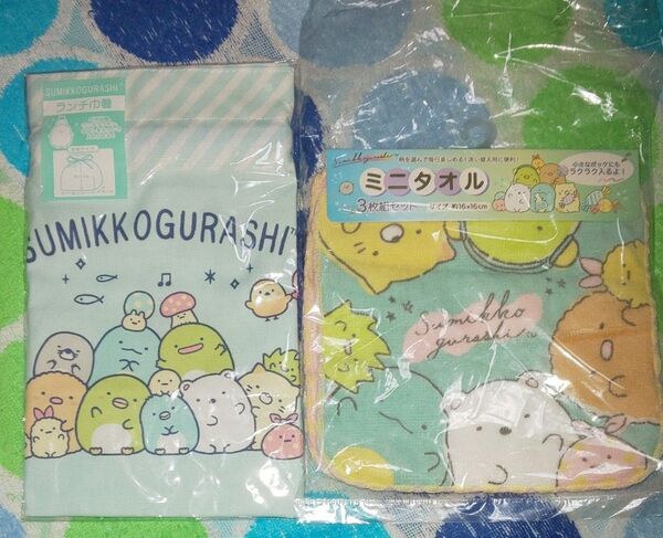 すみっコぐらし ランチ巾着、ミニタオル(3枚組) 2つセット