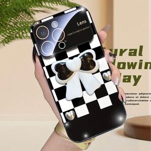破格値 iPhone14Promax チェック柄 ケース 模造ガラス ミラー光沢 カメラ レンズ フルカバー 人気♪