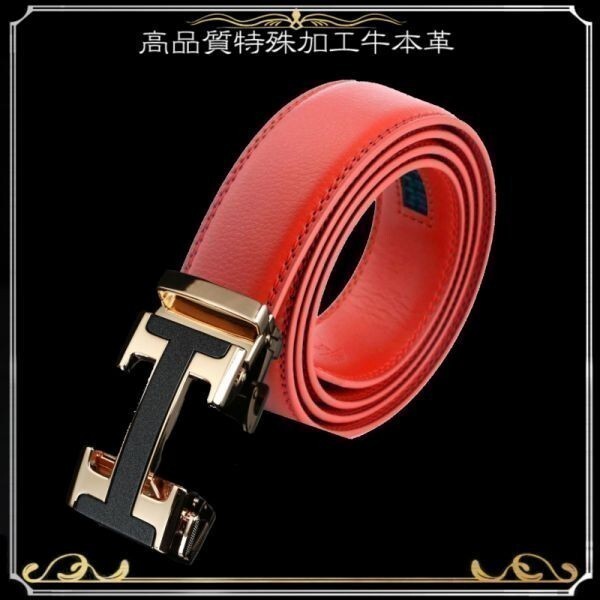 ベルト 【赤】【金I】 レッド 穴なし 無段階調整ベルト ゴルフベルト 人気 オートロック メンズ 革 ジーンズ ビジネス カジュアル