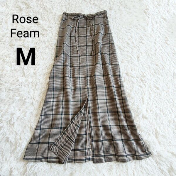Rose Feam ローズファーム ロングスカート マキシスカート チェック 千鳥格子 リボン M 裾スリット ロング丈 マキシ丈