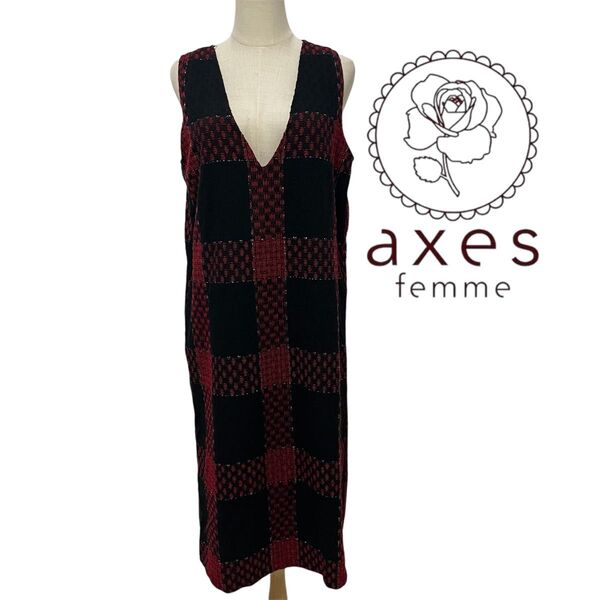 axes femme 総柄ジャンパースカート 新品未使用タグ付き ワンピース ノースリーブ チェック フリーサイズ アクシーズ