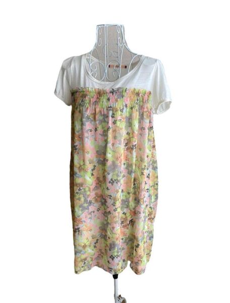 ピンクアドベ 半袖 Tシャツ チュニック 花柄 シフォン Mサイズ カットソー