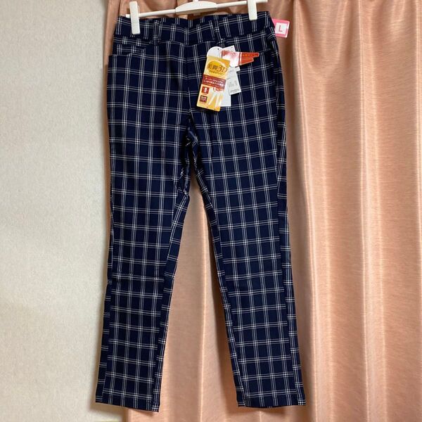 パンツ 美脚3D スーパーストレッチ 新品未使用 タグ付き 紺&白 格子柄 Lサイズ 起毛タグ付き
