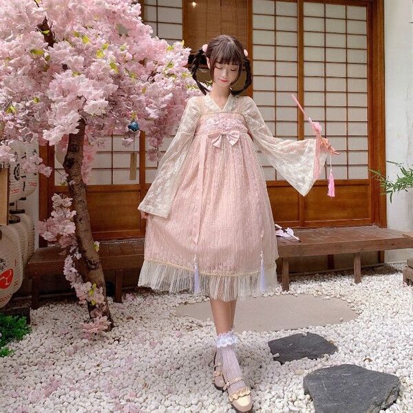 漢服 ロリータ ピンク 華ロリ 和ロリ 着物 レース 羽織