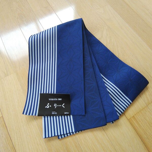 ふりく 半幅帯 単衣帯 浴衣帯 紺 麻の葉 ストライプ新品