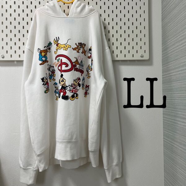 Disney 白パーカー LL ディズニーリゾート キャラクター ビッグ トップス 長袖 プリント スウェットパーカー ミッキー
