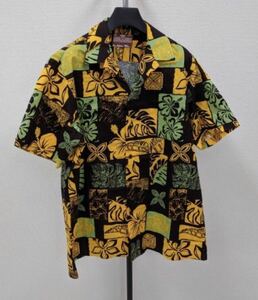 美品・RJC ハワイ製 アロハシャツ メンズ 茶色黄色 リーフ柄 ハイビスカス ヴィンテージ ボタニカル