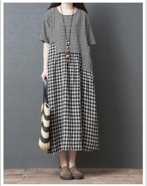 新品未使用 XXL ギンガムチェック マキシロング ゆったり 可愛い!