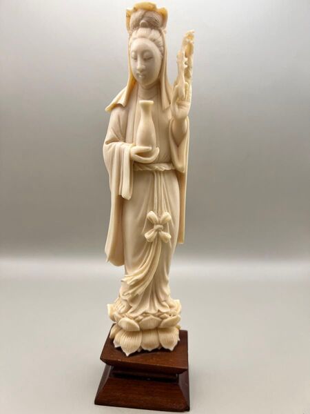 【海】観音像 仏像 極上彫刻 台込高約21cm 中国仏教美術