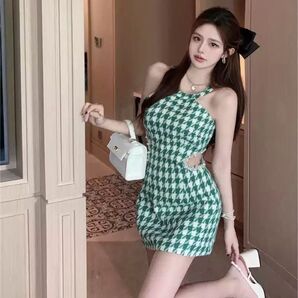 グリーンノースリーブ千鳥柄ワンピース ドレス ミニスカート
