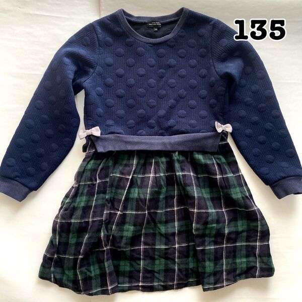【135】グリーンレーベルリラクシング キルト×チェック柄ワンピース 長袖 女の子 紺 秋冬 ドッキングワンピース チュニック
