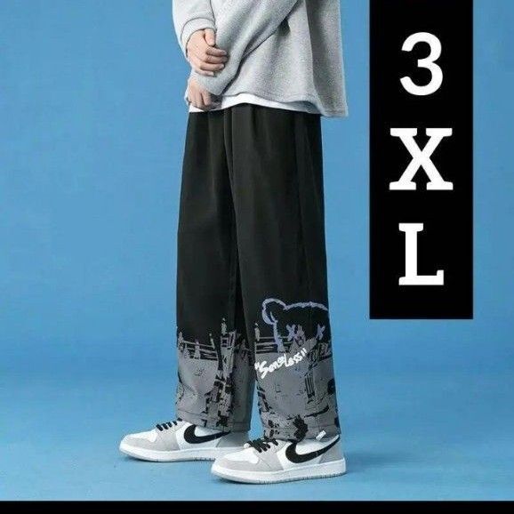 新品未使用 ワークパンツ パンツ 薄手 くま柄 ブラック ストレート 黒 3XL