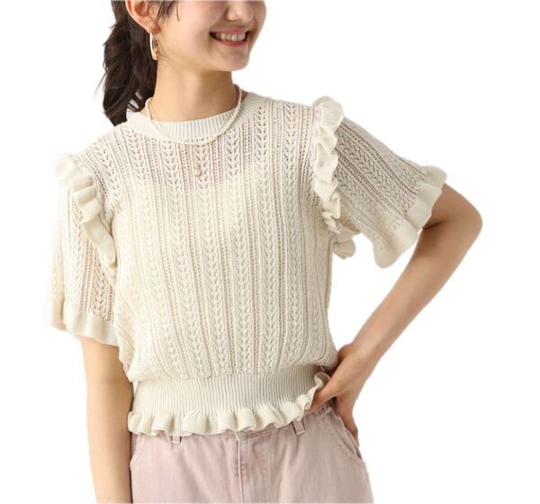 150cm レピピアルマリオ トップス スカシアミ ニット 半袖 フリル 透かし編み キッズ ガールズ 女の子 レディース