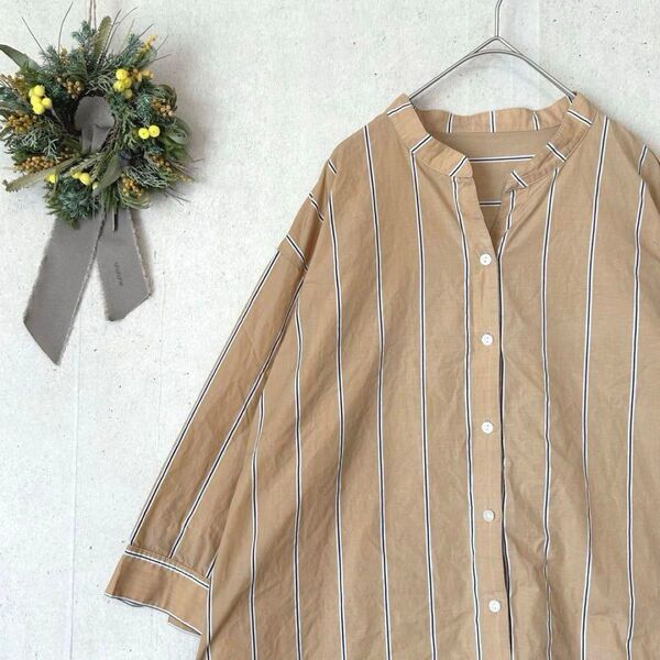 スキッパーオーバーシャツ ストライプ ベージュ系 大きいサイズ L〜LL相当 綺麗め ladies ブラウス