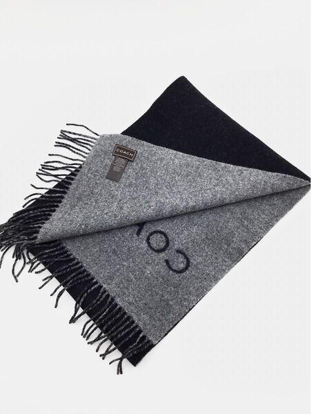 中古美品 コーチ COACH ロゴウール カシミア混 マフラー バイカラー リバーシブル フリンジ 黒 グレイ 通勤 通学
