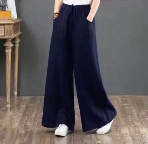 XL パンツ ネイビー ボトムス パンツ 無地 ウエストゴム ゆったり ボトムス 体型カバー 美脚 綿 麻