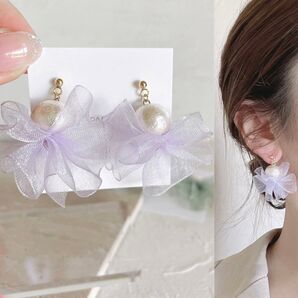 オーガンジーフリル×パール パープルハンドメイド ピアス イヤリング リボン