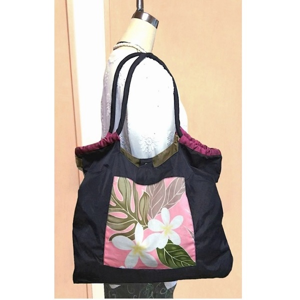 ハンドメイド☆ふわエアートートバッグ ハワイ★プルメリア柄★ピンク