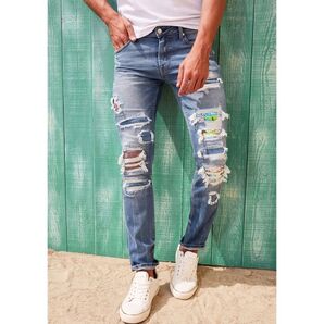 GUESS CONTRAST APPLIQUE SKINNY DENIM PANT (FRESH BLUE W/DESTROY)