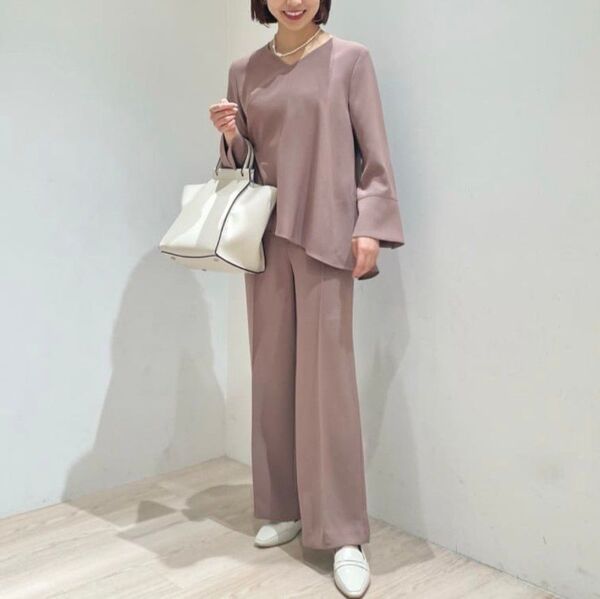 グリーンレーベルリラクシング ペプラム Vネック ブラウス トップス ワイドパンツ セットアップ パンツスーツ パンツセットアップ