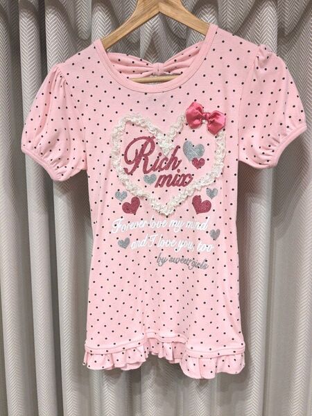 キッズ 子供服 半袖Tシャツ Tシャツ ドット ピンク リボン 160サイズ