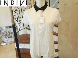 1.5 десять тысяч новый товар INDIVI( Indivi )* Indy bi чёрный × белый рубашка с коротким рукавом 40 L соответствует 