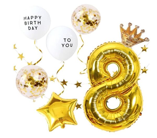誕生日 数字風船豪華飾りセット ナンバー バルーン 8歳 (ゴールド)