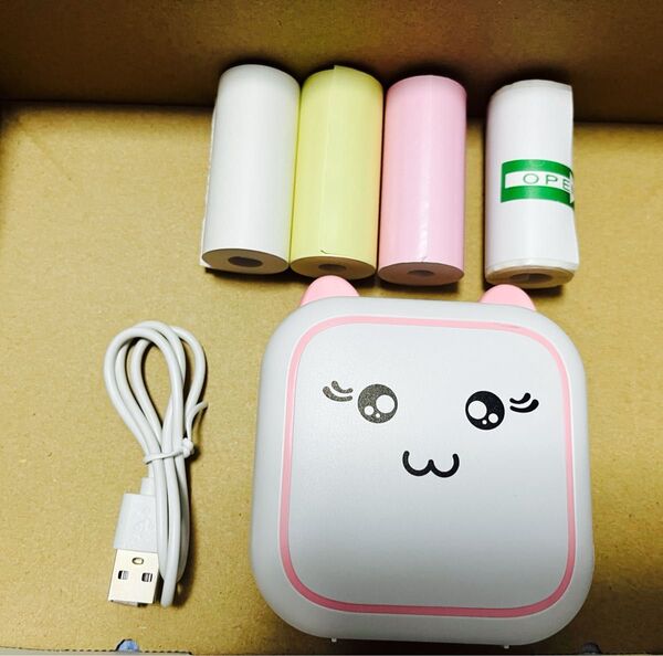 ピンク1台+ロール紙4本【通常ロール紙3色+シールロール白1本セット】サーマルプリンター スマホプリンター ハンディープリンター