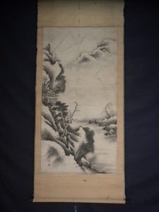 Art hand Auction 【真作】掛軸･月岡雪鼎(1726~1787)･雪中の山並と雁図･江戸中期~後期に活躍した浮世絵師, 絵画, 日本画, 山水, 風月