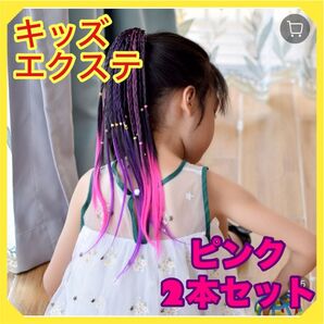 キッズ カラーエクステ 2本セット 三つ編み ヘアゴム ダンス 発表会 ウィッグ ファッション