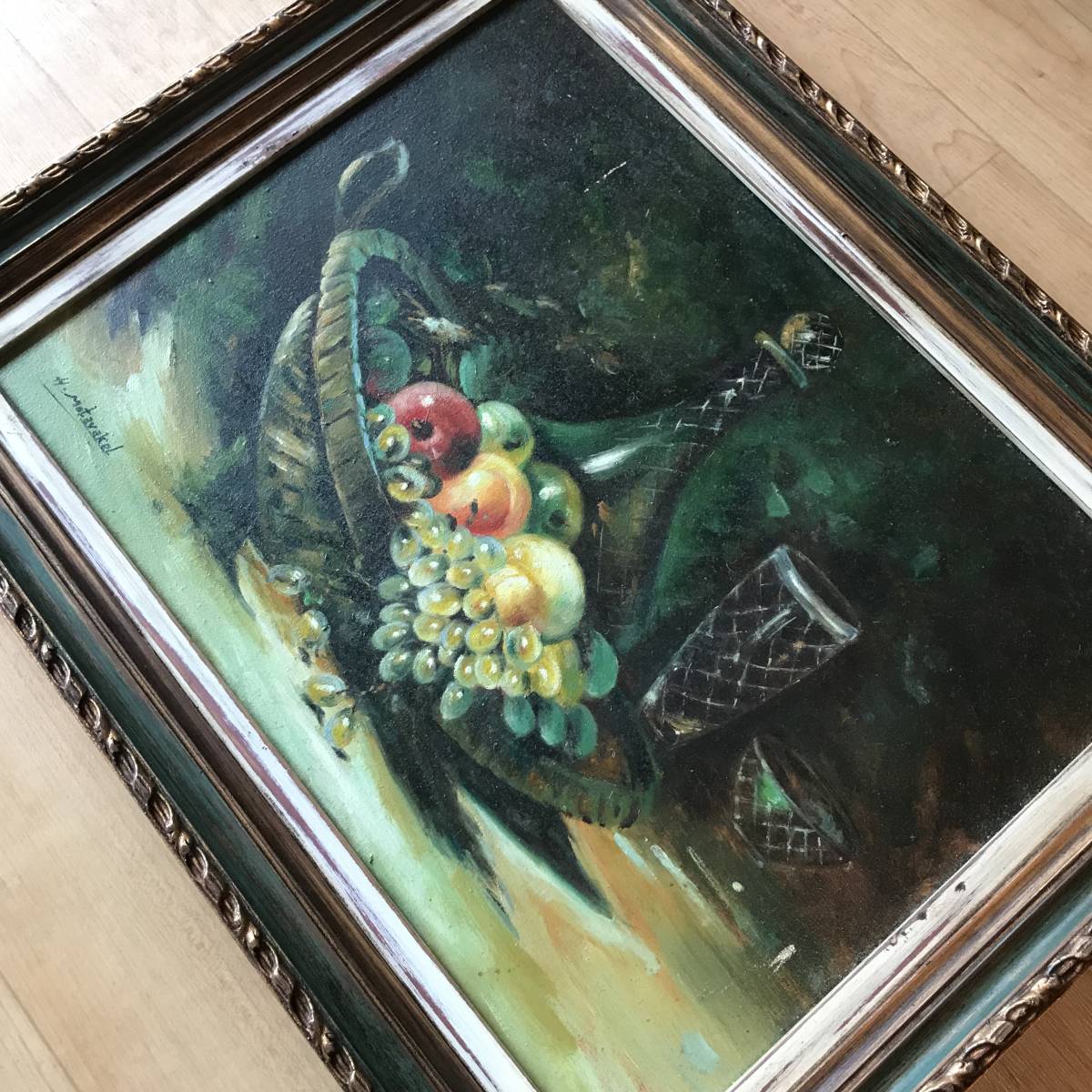 Précieux! Fabriqué aux États-Unis Antique H.Motevakel Fruit and Glass Still Life Artwork/Nordic vintage Europe France 50's Interior Paris UK, peinture, peinture à l'huile, peinture nature morte