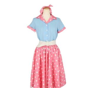 50s レトロワンピース ピンク 水色 ドット 水玉