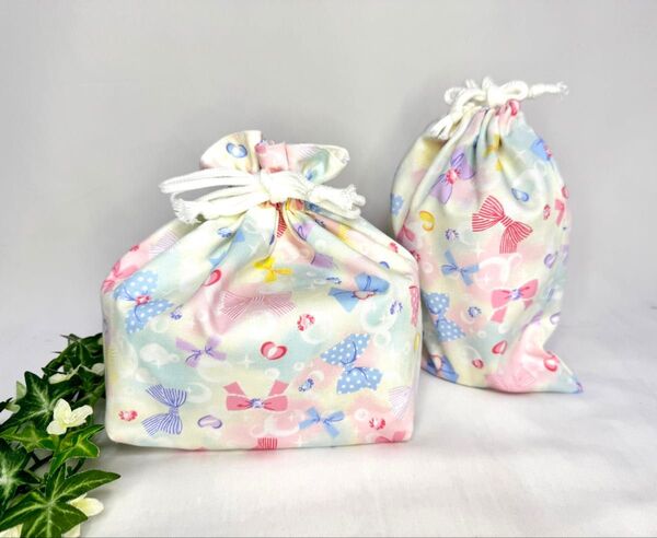 ハンドメイド バブルリボン お弁当袋入れ コップ入れ 給食袋 ハンドメイド お弁当袋 コップ袋 巾着袋 巾着 入園 給食袋
