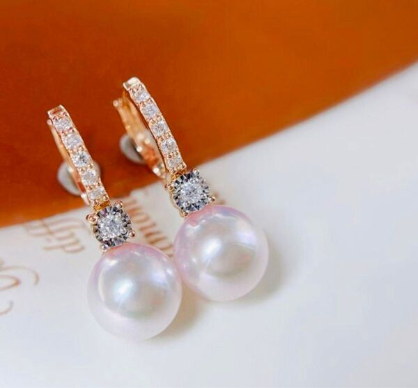 ▼ 【高級】あこや真珠 ダイヤモンド付きピアスk18 あこやパールピアス