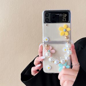 新品入荷 花柄 Galaxy Z Flip6ケース パールストラップ 可愛い 韓国