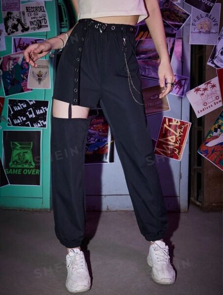 sサイズ タグ付き shein カーゴパンツ 黒 チェーン