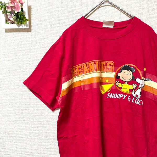 ピーナッツ スヌーピー Tシャツ L 半袖 赤 ビッグプリント ルーシー