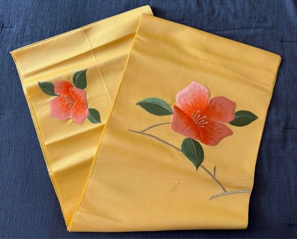 名古屋帯 花模様 刺繍 着物 浴衣 梔子色 花柄