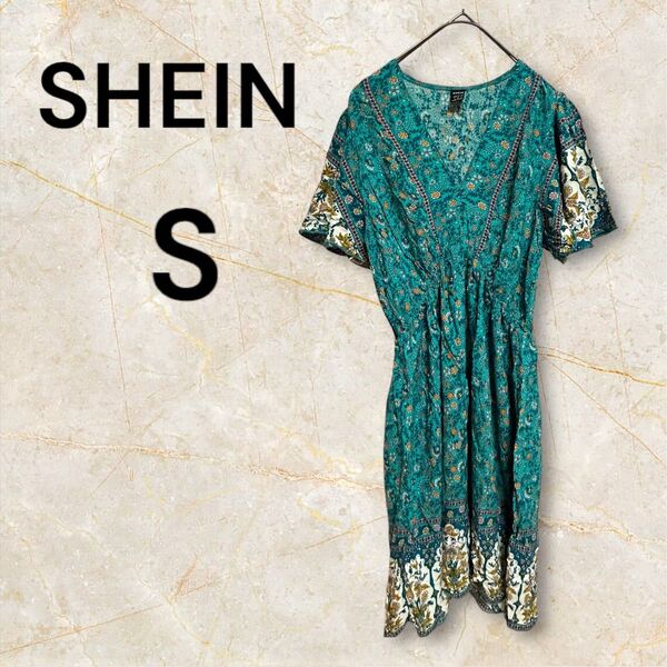 シーン SHEIN 半袖花柄ワンピース ミニワンピース V字ワンピ S 総柄 ワンピース Sサイズ グリーン系